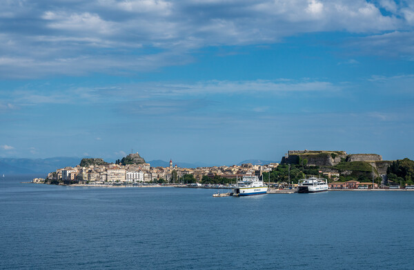 Ship in port by Kerkyra on island of Corfu Picture Board by Steve Heap