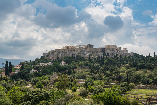 Acropolis hill rises above Greek Agora in Athens Picture Board by Steve Heap