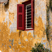 Buy canvas prints of Red shutters on window in ancient district of Anafiotika in Athe by Steve Heap