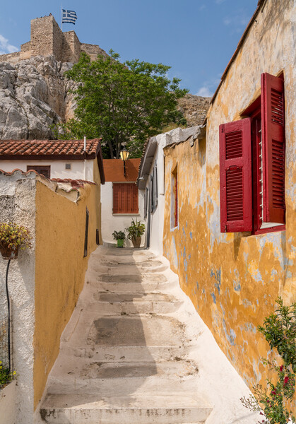 Narrow street in ancient residential district of Anafiotika in A Picture Board by Steve Heap