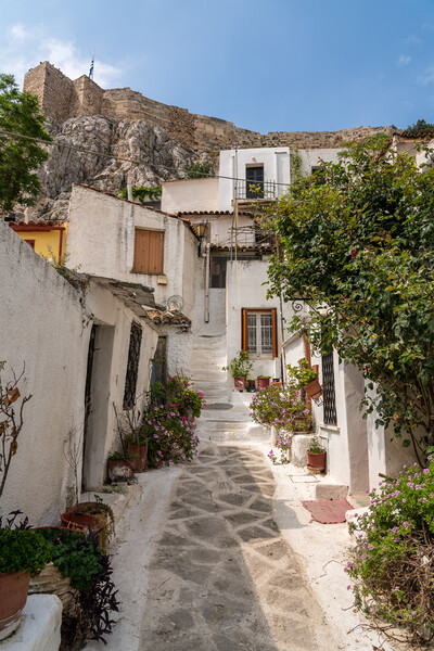 Narrow street in ancient residential district of Anafiotika in A Picture Board by Steve Heap