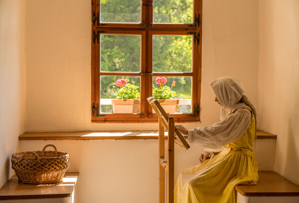 Woman working on embroidery in window alcove Picture Board by Steve Heap