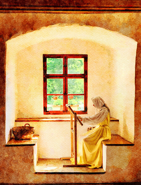 Water color of woman working on embroidery in window alcove Picture Board by Steve Heap