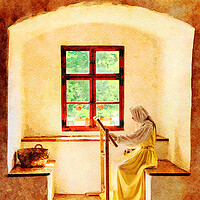 Buy canvas prints of Water color of woman working on embroidery in window alcove by Steve Heap