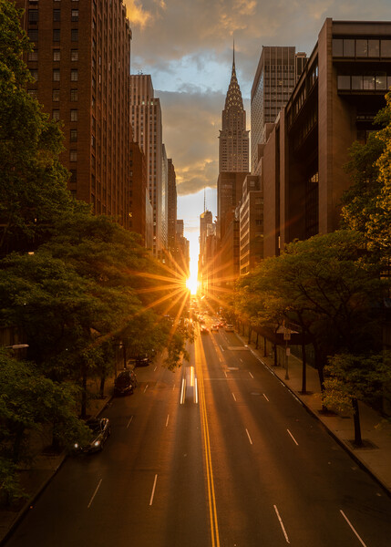 Manhattanhenge when the sun sets along 42nd street in NY Picture Board by Steve Heap