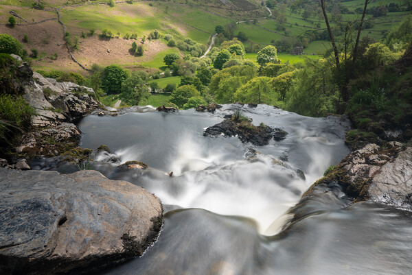 Blurred motion stream falls from top of waterfall of Pistyll Rha Picture Board by Steve Heap