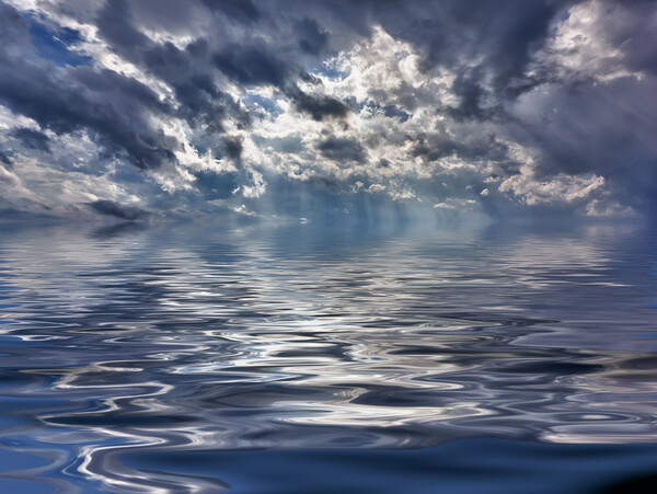Backgrond image of stormy sky over a calm and reflective ocean Picture Board by Steve Heap