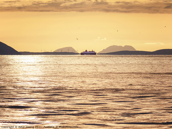 Isle of Jura sunset with isle of Arran ferry  Picture Board by Peter Gaeng