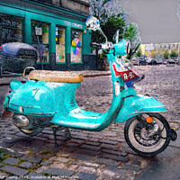 Buy canvas prints of Green Vespa Scooter in Dundee - Scotland.  by Peter Gaeng