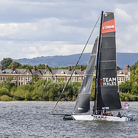Buy canvas prints of A Team Wales catamaran sails in Cardiff Bay, Wales by Gary Parker