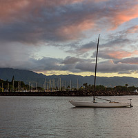 Buy canvas prints of Single boat, in a calm sea, at sunset  by Gary Parker