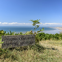 Buy canvas prints of 'warning Steep Cliff' sign above Rhossili bay by Gary Parker