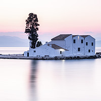 Buy canvas prints of Vlacherna Monastery Corfu, Greece, at sunrise.	  by Gary Parker
