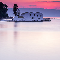 Buy canvas prints of Vlacherna Monastery Corfu, Greece, at sunrise.	  by Gary Parker