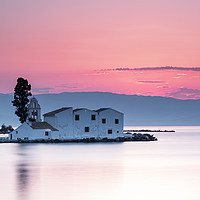 Buy canvas prints of Vlacherna Monastery Corfu, Greece, at sunrise.  by Gary Parker