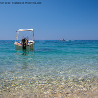 Buy canvas prints of A small motorboat, floating in the crystal clear Mediterranean sea, off the coast of a Greek island by Gary Parker