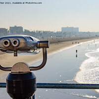 Buy canvas prints of Viewing binoculars overlooking Santa Monica beach in Los Angeles, on a sunny morning by Gary Parker