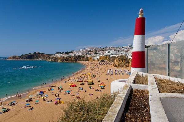 Albufeira Lighthouse Beach View Picture Board by Rob Cole