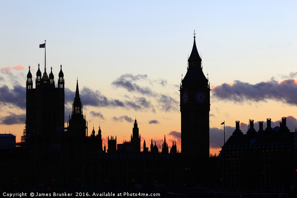 Towers of Houses of Parliament at sunset London Picture Board by James Brunker