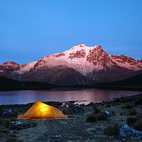 Buy canvas prints of Dawn Camp by Lake and Mt Huayna Potosi Bolivia by James Brunker