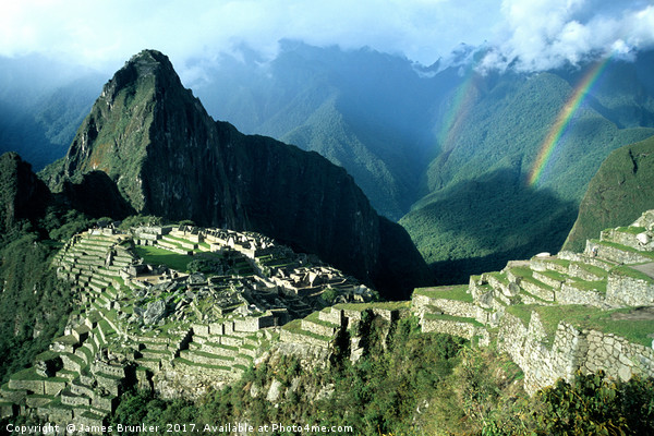 Machu Picchu and Rainbow over Urubamba Canyon Peru Picture Board by James Brunker