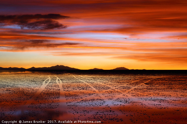 Vehicle tracks on surface of Salar de Uyuni at sun Picture Board by James Brunker