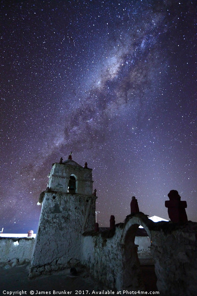 Milky Way and Parinacota Church Belfry Chile Picture Board by James Brunker