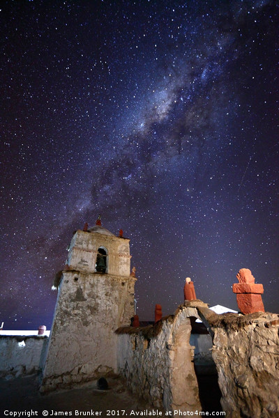 Milky Way and Parinacota Church Bell Tower Chile Picture Board by James Brunker