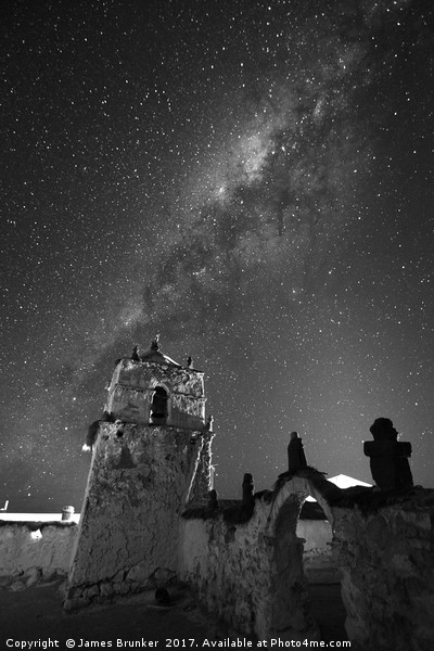 Milky Way and Parinacota Church Monochrome Chile Picture Board by James Brunker