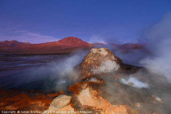 Geyser at El Tatio Geyser Field after sunset Chile Picture Board by James Brunker