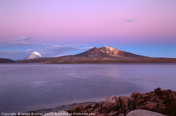 Sunset Over Lake Chungara and Sajama Volcano Chile Picture Board by James Brunker