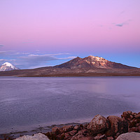Buy canvas prints of Sunset Over Lake Chungara and Sajama Volcano Chile by James Brunker