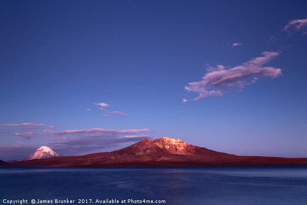 Twilight Over Lake Chungara and Volcanos Chile Picture Board by James Brunker