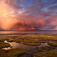 Buy canvas prints of Stormy Sunset Over Lake Chungara Northern Chile by James Brunker