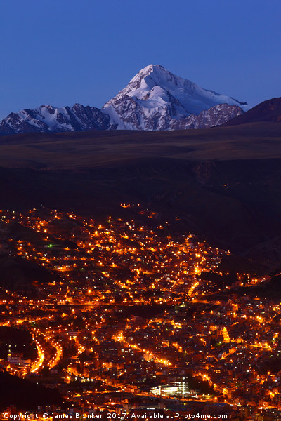 La Paz and Mt Huayna Potosi at Twilight Bolivia Picture Board by James Brunker