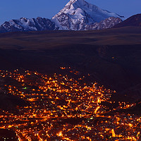 Buy canvas prints of La Paz and Mt Huayna Potosi at Twilight Bolivia by James Brunker
