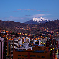 Buy canvas prints of La Paz and Mt Illimani at Twilight Bolivia by James Brunker