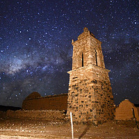 Buy canvas prints of Ruined Church Tower and Milky Way Bolivia by James Brunker
