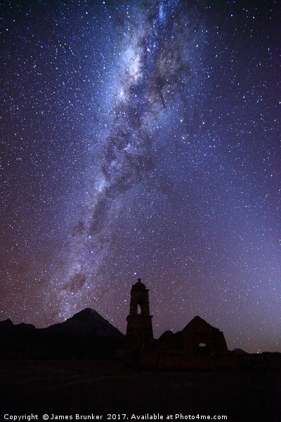 Milky Way Ruined Church and Sajama Volcano Bolivia Picture Board by James Brunker