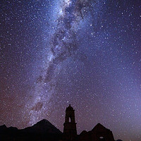Buy canvas prints of Milky Way Ruined Church and Sajama Volcano Bolivia by James Brunker