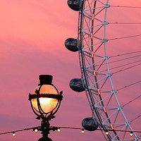 Buy canvas prints of London Eye and Old Fashioned Street Lamp at Sunset by James Brunker