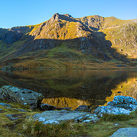 Buy canvas prints of Llyn Idwal Mountains Reflection Panorama by Owen Gee