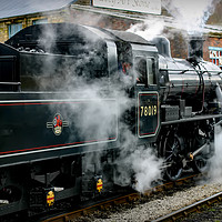 Buy canvas prints of Steam train 78019 leaving Keighley Yorkshire by Sue Wood