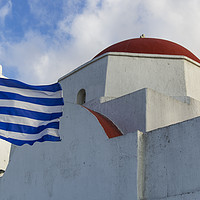 Buy canvas prints of Mykonos, Greece Greek flag by whitewashed church. by Theocharis Charitonidis