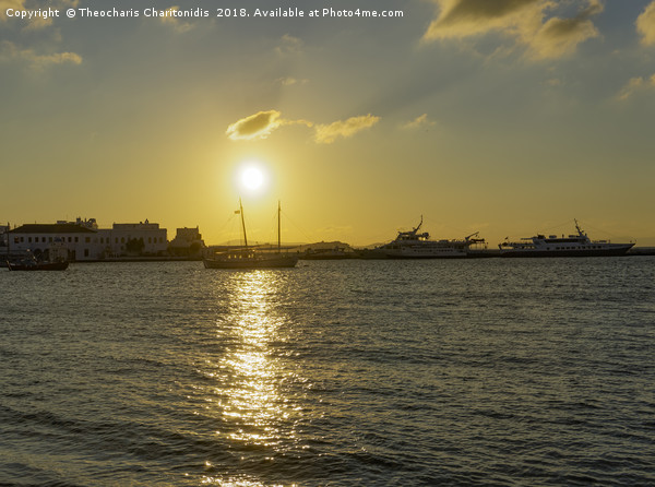 Mykonos Greece golden hour at town waterfront. Picture Board by Theocharis Charitonidis