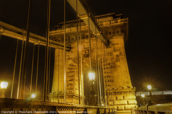 Budapest, Hungary night view detail of Szechenyi Chain bridge. Picture Board by Theocharis Charitonidis