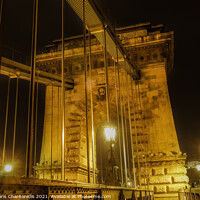Buy canvas prints of Budapest, Hungary night view detail of Szechenyi Chain bridge. by Theocharis Charitonidis