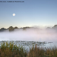 Buy canvas prints of Misty pond with moon in the sky by Kevin White