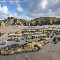 Buy canvas prints of Sandymouth Bay beach and rock formations by Kevin White