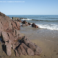 Buy canvas prints of Millions of years old rocks at end of Freshwater East beach by Kevin White